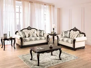 FM65004BG 2 pc Yucatan beige fabric traditional sofa and love seat set dark cherry wood trim
