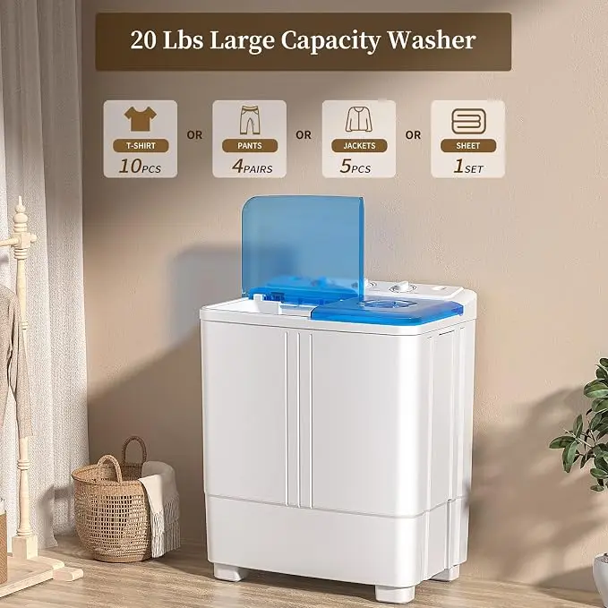 VCJ Portable Laundrymachine, 20LBS Twin Tub Washer and Spinner Combo - 12LBS Washer, 8LBS Spinner, Built-in Drain Pump, Dual Water Inlet, Compact Mini for Apartments, RVs