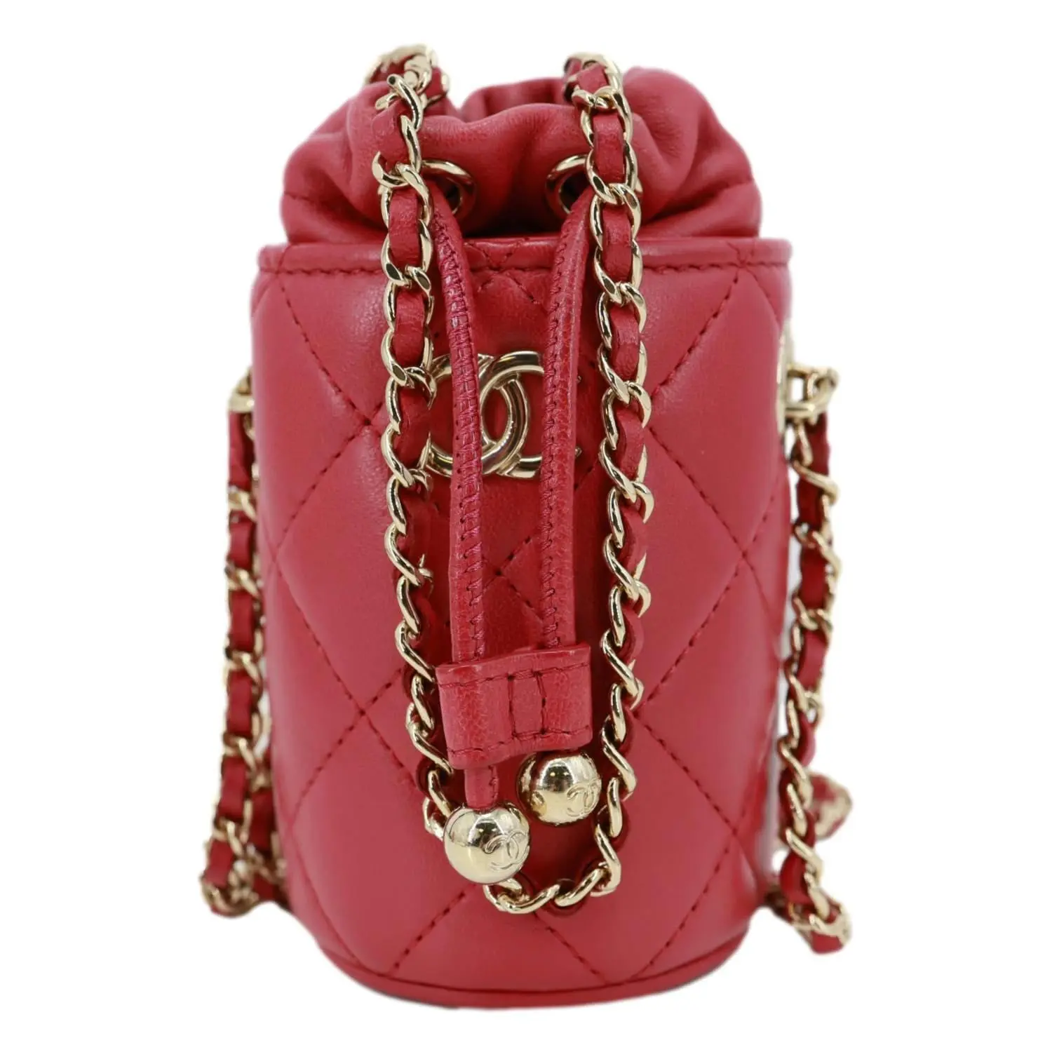 Pre-owned CHANEL Leather Tote Bags CC Micro Quilted Lambskin Drawstring Bucket Bag Red