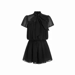 Cider Chiffon Stand Collar Puff Sleeve Bowknot Drawstring Ruffle Romper
