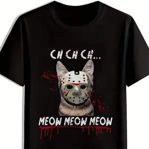 Black Plus Size Cotton T-Shirt, Horror Cat Hockey Mask "CH CH CH MEOW MEOW MEOW" Blood Splatter Graphic Tee