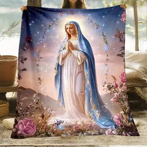 Virgin Mary With Floral Pattern High Definition Print Flannel Blanket, Light Soft Warm, Sofa Chair, Living Room, Bedroom, All Seasons, Office, Camping, Yoga, Travel, Decorative Plush, Beach, Gifts, Nap Blanket
