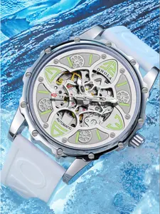 Men's Clover Pattern Automatic Mechanical Watch, Fashion Round Dial Silicone Strap Watch for Party, Daily Decor, Trendy All-match & Exquisite Watch for Birthday Gift with Box