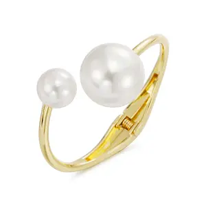 Double-Layer Pearl Bangle for Women. Asymmetrical, Semi-Open Bangle