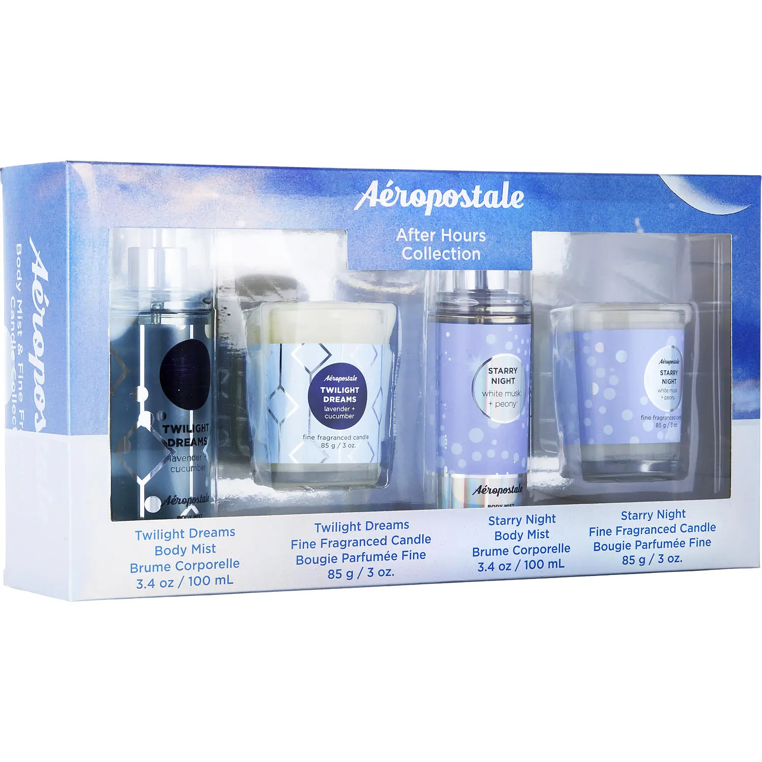 Aeropostale Variety Set-After Hours Collection With Twilight Dreams Body Mist 3.4 Oz & Twilight Dreams Candle 3 Oz & Starry Night Body Mist 3.4 Oz & Starry Night Candle 3 Oz For Women