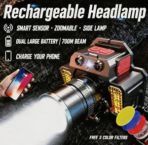 White laser headlamp — 750m range, 5 nights on one charge. Zoom adjustable, includes RGB filters (red/green/blue). 180° tilt, motion sensor, 5 light modes, soft side light. USB‑C charging, also works as a power bank.
