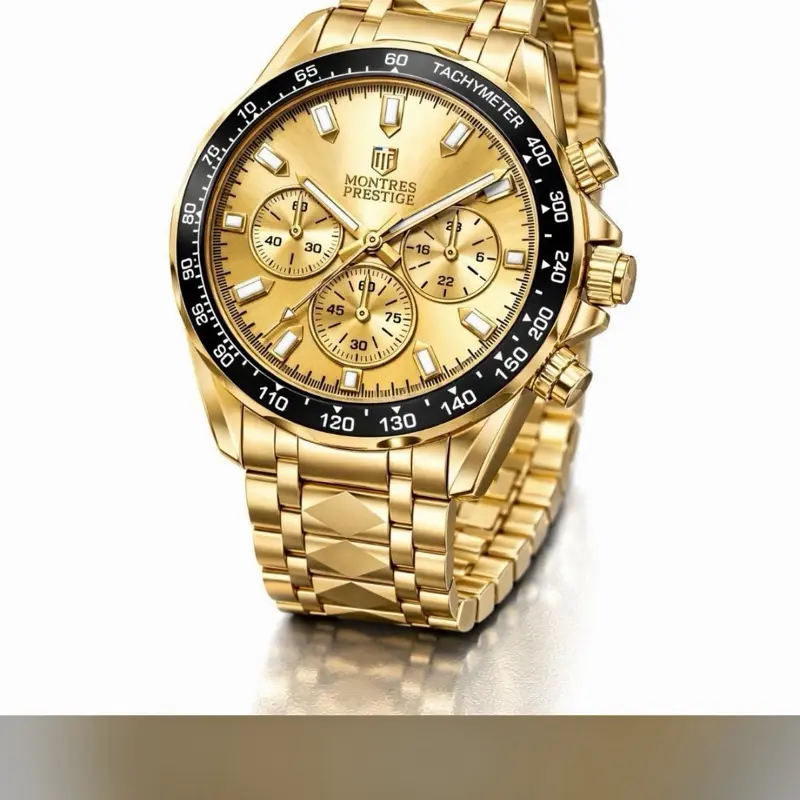 Montres Prestige MPW-0342 44mm Round Shape Male Gold Chronograph Watch with Tachymeter, Subdials, Water Resistant Feature, Luxury Look, Male Watch