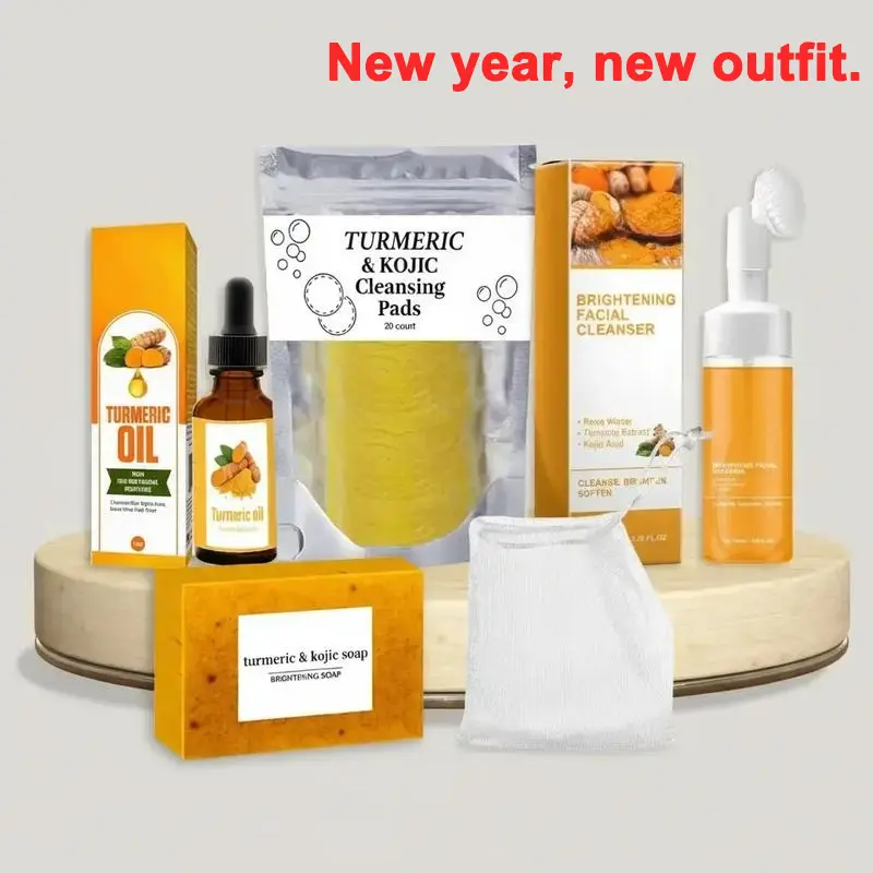 Turmeric Skin Care Kit, 5 Counts/set Facial Cleansing Pads & Soap & Oil & Cleansing Mousse & Facial Cleanser & Lathering Net, Skin Care Kit for Women & Men, Turmeric Face Wash Valentine's Day gift New Year gift summervibes