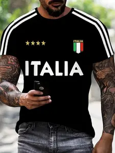 Men's Breathable Short Sleeve T-Shirt, Italy Team Jersey, Bottom Stripes with Flag Print, Summer Sports Top