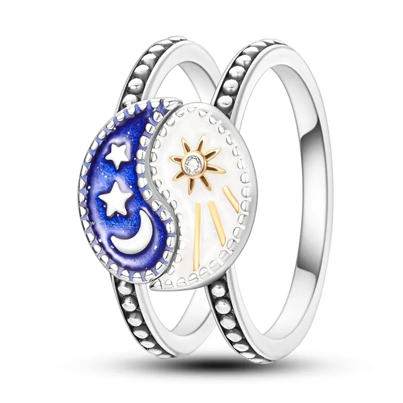 MULA Zodiac Ring Stack for Women, Bohemian Astrology Jewelry, S925 Silver-Plated with Enamel, Cosmic Sun and Moon Yin Yang Design, Zodiac Sign, Cubic Zirconia