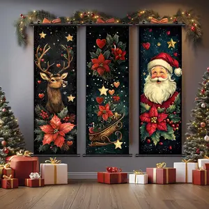 3-Piece Christmas Wall Art Set, Santa & Reindeer Themed Posters, Modern Home Decor, Waterproof HD Prints, Gift Box Included