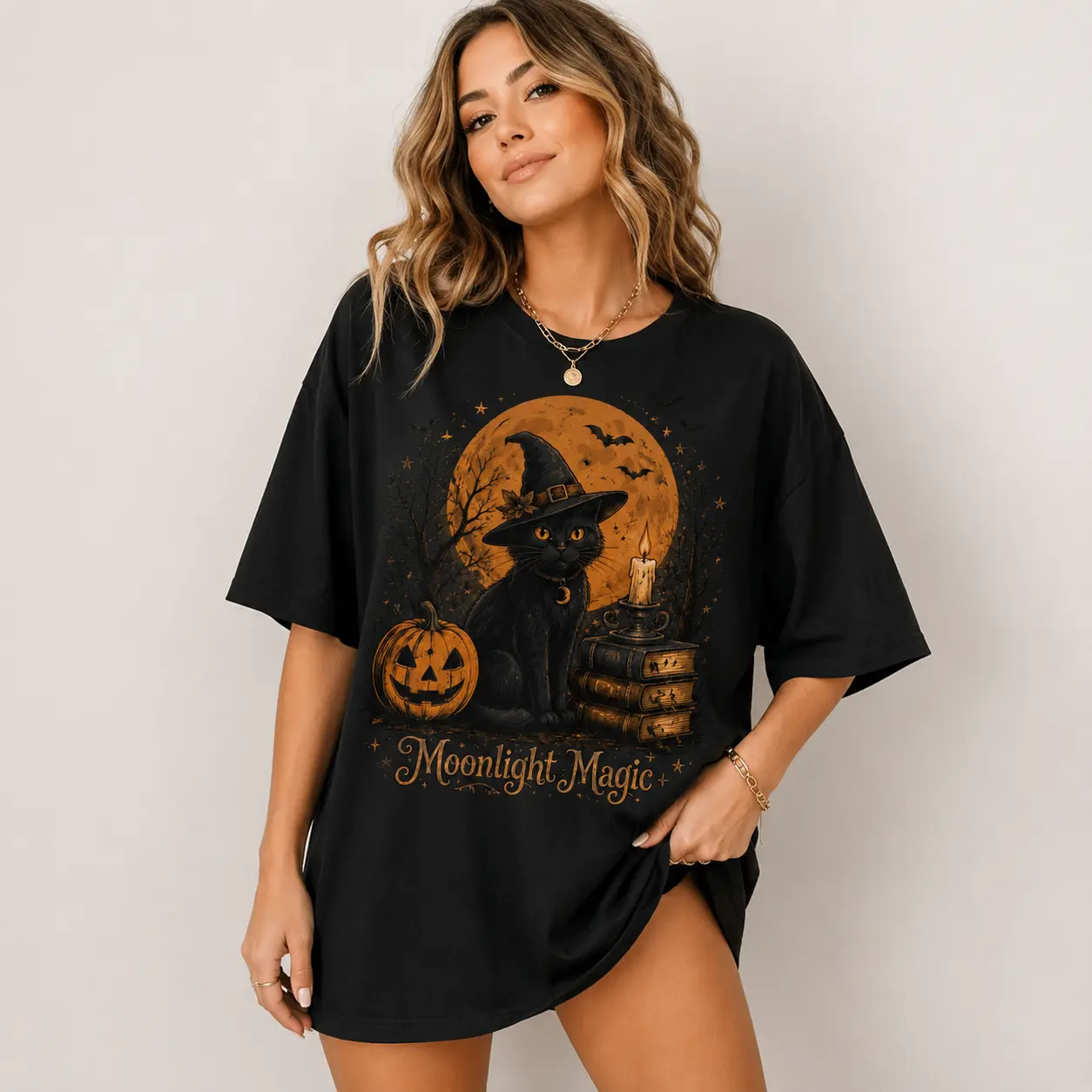 Moonlight Magic Halloween Shirt for Women, Black Cat Witch Graphic Tee, Vintage Pumpkin Goth T Shirt, Spooky Season Oversized Fall Shirt Gift