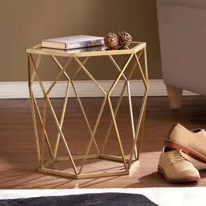 360 Stand 19 in. Hexagonal Reflective Glass End Table - Gold, Reflective Surface, Glass Top, Geometric Iron Frame, Modern Nightstand, Stylish Bedside Table