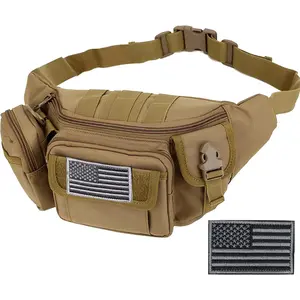 Tactical Fanny Packs, Military Waist Bag Utility Hip Belt Bags for Hiking Climbing Fishing Cycling Hunting with U.S Patch (Tan)