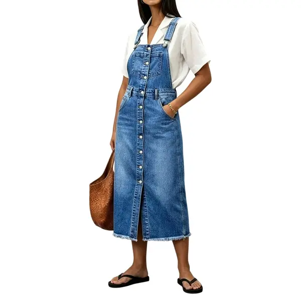 Flamingals Wash Adjustable Raw Hem Button Fly Denim Overall Midi Dress Womenswear
