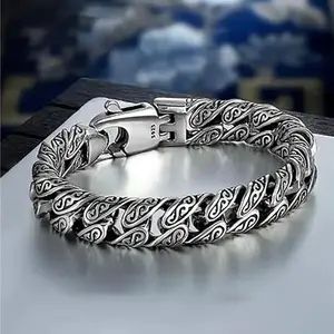 925 Sterling Silver Cuban Link Bracelet for Men Heavy Chunky Curb Chain Bangle Oxidized Antique Silver Baroque Scroll Engraved Gothic Punk Rock Jewelry Gift for Him