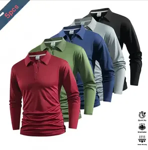 Five piece long sleeve men's Polo shirt, featuring a lightweight and simple style, the collar design exudes a neat appearance, with three buttons for easy closure. The fabric is soft and smooth, the fit is comfortable and not tight, suitable for mature yo