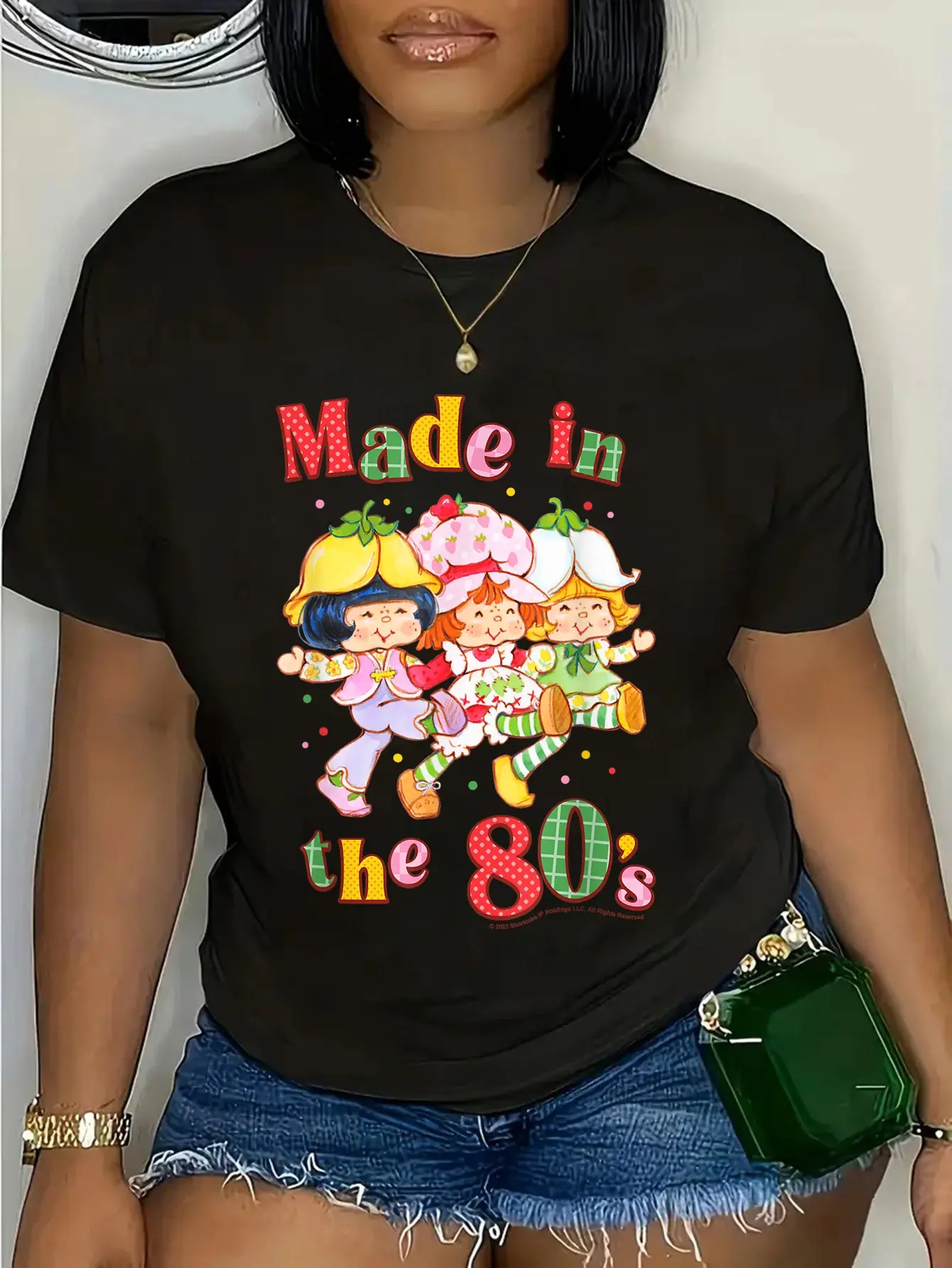 Women's 100% Cotton Shortsleeve Round Neck T-Shirt - Cute Retro Appeal Cartoon 1980s Strawberry Shortcake Patchwork Logo, Fashion Casual Everyday Top