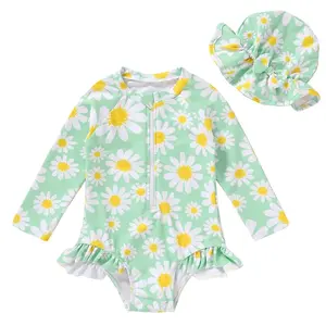 SummerVibes Baby girl swimsuit, cute baby print long-sleeved zipper swimsuit, summer beach sunscreen swimsuit