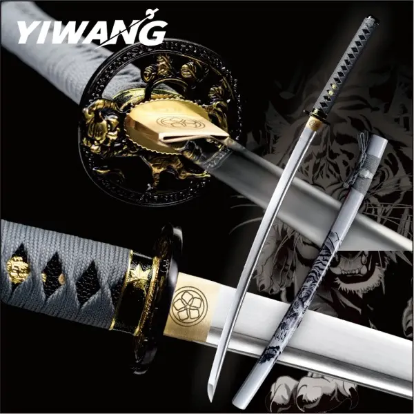 Black Tiger Authentic Japanese Katana - Hand-Forged 1060 High Carbon Steel, Steel Tempering, with Tiger-Themed Scabbard, High Performance