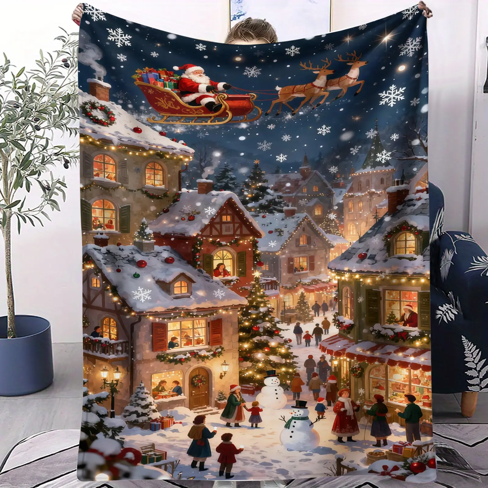 Santa Claus Carriage Pattern Blanket, Lightweight and Warm Flannel Sofa Blanket, Polyester Flannel Blanket, Soft Warming Blanket, Suitable for Soft Blankets in Beds, Camping, and Offices, Suitable for Christmas Gifts