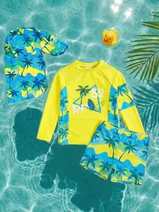 Boys' Beach Swimwear Set, Vibrant Palm Tree Design, Long Sleeve Sun Protection, Kids Hot Spring Swimsuit, Casual Fitted Suit