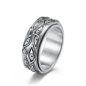 Men's Vintage Stainless Steel Engraved Eye of God Ring Black Gold Silver Tone