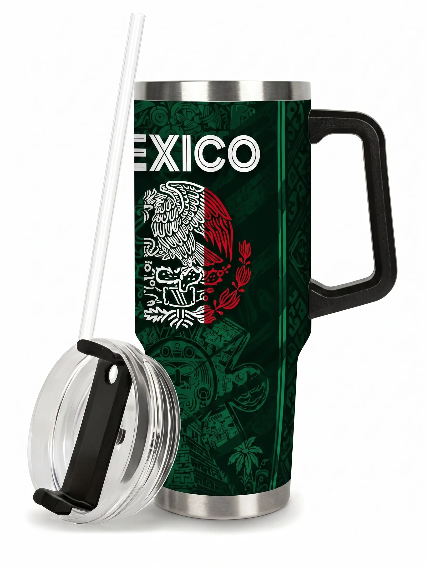 Mexico Flag Insulated Tumbler - 40oz & 20oz Stainless Steel Portable Flasks with Handle, Straw, Stylish Lid, Plastic Accents, Mexican Heritage Gift for Adults