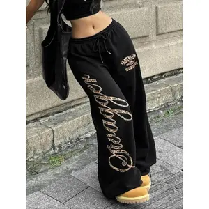 Women's casual sports pants, letter graffiti printed drawstring loose wide legs, all season fit women's sports pantsRAIMENTRY