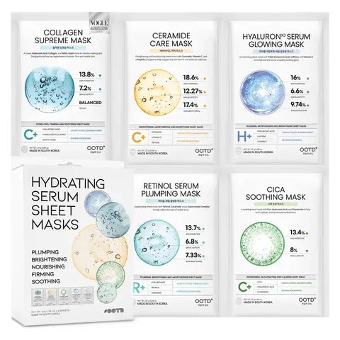 [Official #OOTD Partner] Hydrating Sheet Mask Starter Kit Variety Pack for Dry and Sensitive Skin, Korean Vegan Facial Sheet Mask for Men & Women, Collagen, Cica, Ceramide, Retinol (5-Count) Serum Soothing