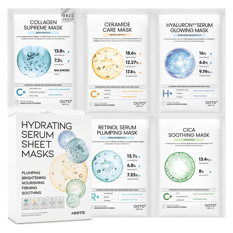 [Official #OOTD Partner] Hydrating Sheet Mask Starter Kit Variety Pack for Dry and Sensitive Skin, Korean Vegan Facial Sheet Mask for Men & Women, Collagen, Cica, Ceramide, Retinol (5-Count) Serum Soothing