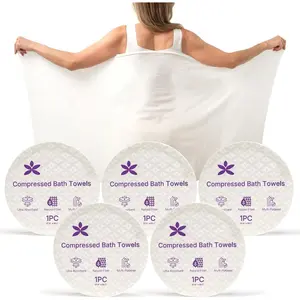 Compressed Bath Towel Tablets 5 Pack, 55" x 27.5"  Disposable Bath Towels for Travel, Camping Beach