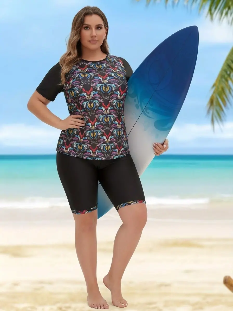 Women's Plus Size Nylon-Elastane 2-Piece Rash Guard Tankini - Short Sleeve Tank Top, Knee-Length Swim Capris, Flower Print, Female Modest Surfing Bathing Suit with Boyshorts, Swimsuit, 3Xl, Machine Washable, 2Xl, Tankini Suit, Women's Swimsuits, Beach Tan