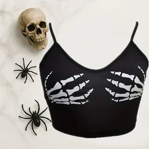 Skeleton Hands Crop Top Tank - Black Spooky Design for Halloween Style