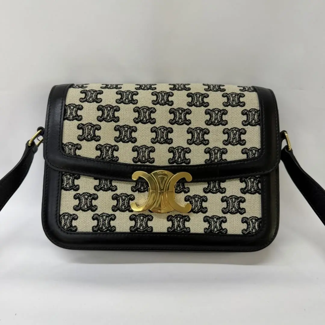 Pre-owned Celine Triomphe Medium Bag in Triomphe Canvas with Black Leather Trim