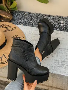 New Plaid Chunky Heel Thick Sole Short Boots for Women, Retro Button Design Height Increasing Boots, Versatile British Style Ankle Boots