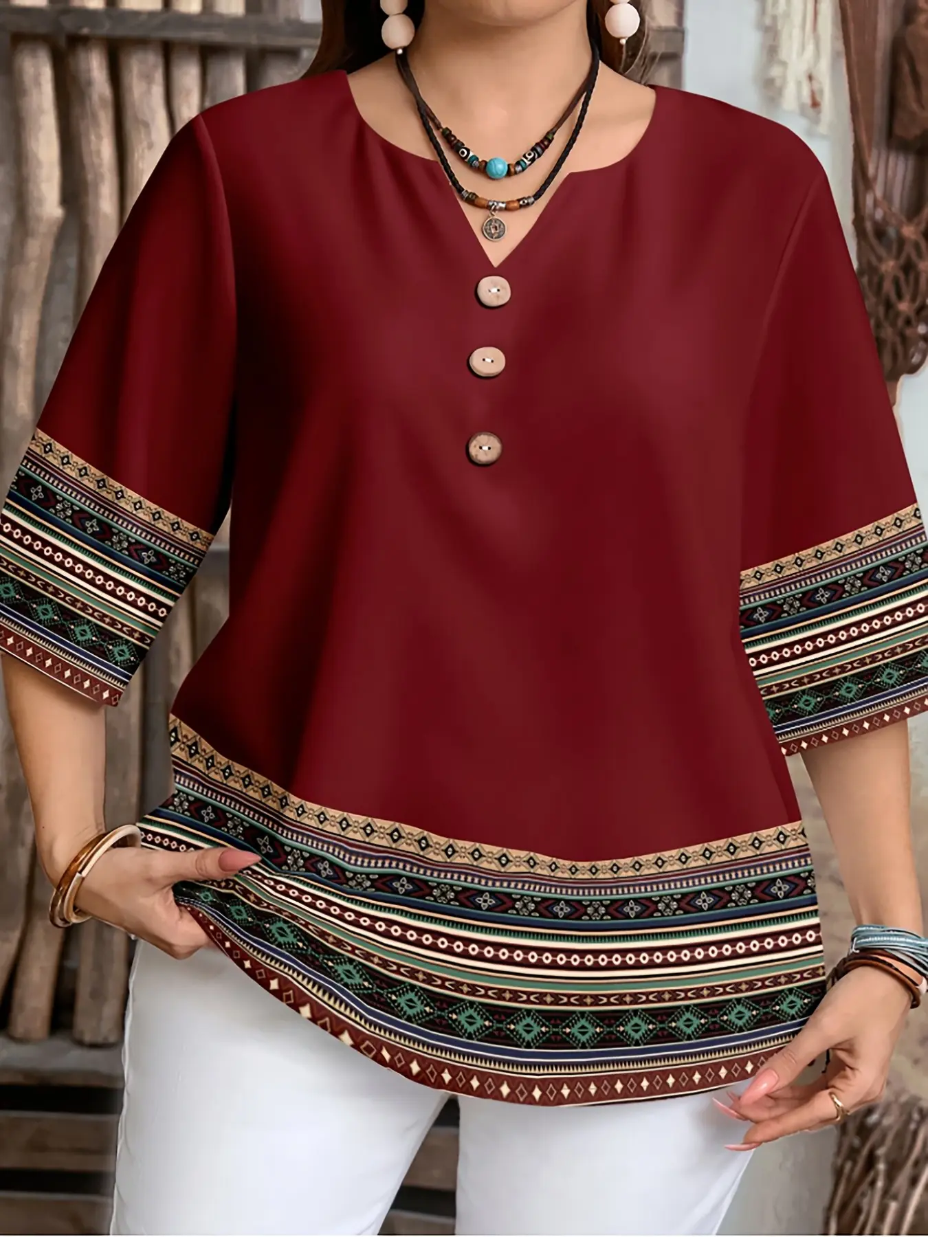 Plus Size Women's Casual Geometric Print Ethnic Bohemian Style Loose Batwing Sleeve Shirt Blouse Top Clothes, Perfect for Spring and Summer Everyday Wear, Boho Style Shirt