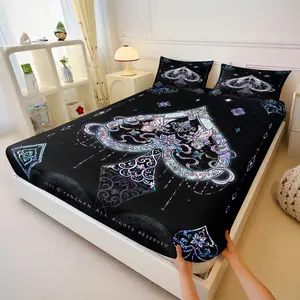 Gothic Floral Ace of Spades Fitted Sheet Set, Iridescent Spade Print Bedding, Soft Breathable Bed Sheet for Queen/king Size Bed