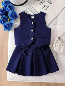 Souflis Souflis Young Girls 2pcs Set: Sleeveless Pearl Button Top + Bowknot Pleated Skirt, Sweet Pink, Elegant Lady Style, Casual Summer Outfit Girls 2pcs Pink Skirt Set Pink Two Piece Set Kids Pink Bow Dress Girls Pink Kids Dress