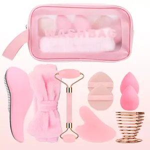 10PCS/Set Facial Massage Set: Double - headed Roller, Heart - shaped Board, Pink Headband, Long - handled Comb, 2 Air - cushioned Puffs, 2 Water - drop Beauty Eggs, 1 Metal Holder, 1 Storage Bag. For Daily Facial Massage, Ideal Gift for Moms & Women.