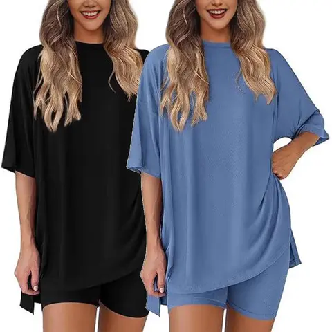 Women's Plus Size Casual 2-Piece Lounge Set - 2026 Summer Minimalist Basic Round Neck Oversized Split Hem Half Sleeve Balanced Top & Fitted Above-Knee Shorts with Convenient Pockets, for Airport Travel