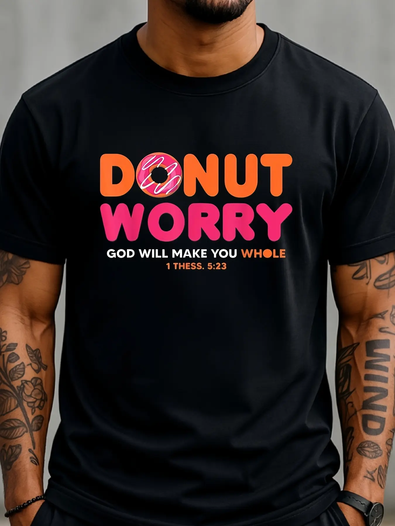Black T-Shirt with Donut Worry Design, Inspiration unisex soft cotton short sleeve t shirt, vintage graphic casual tee for men women teens, perfect birthday holiday gift for camping travel gym daily street  wear