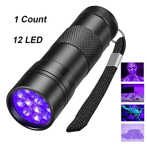 UV Handheld Waterproof Light Flashlight, 12 LED 395nm Mini Detector for Pet Urine Stains, No Battery Included