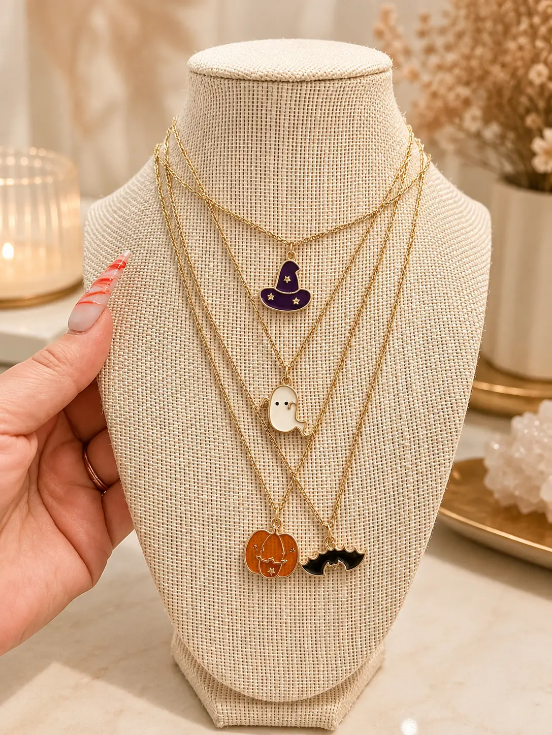 Halloween Charm Necklace Collection | Ghost, Witch Hat, Pumpkin & Bat Pendant Necklaces | Cute Spooky Jewelry