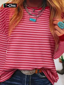 Hotapei Summer Casual Striped Texture Round Neck Drop Shoulder Long Sleeve Fitted T-Shirt, Men's Fashion Tee, Comfortable and Stylish