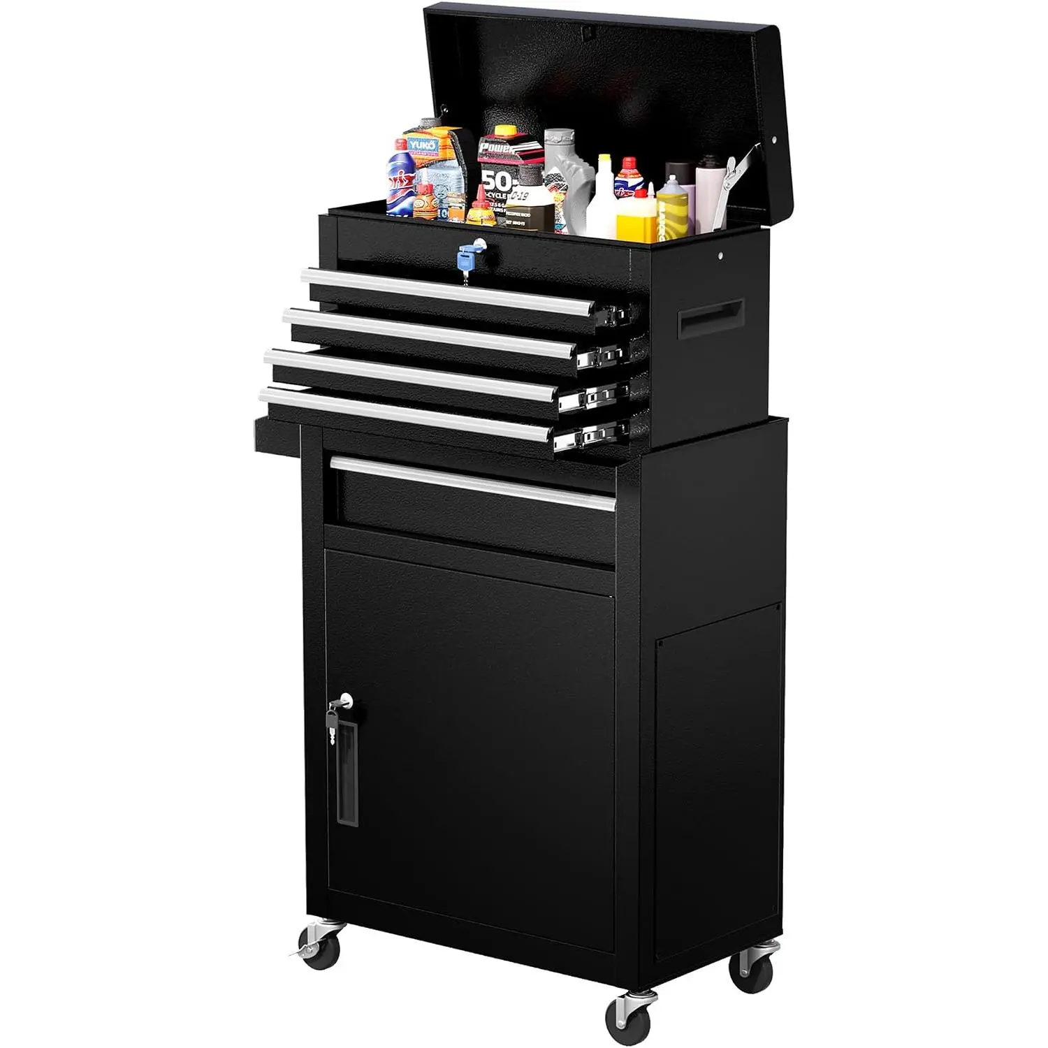 Greenvelly 5-Drawer Tool Chest with Wheels, Pre-Assembled Rolling Tool Chest, Detachable Top Tool Box, Lockable Design, Comes with Drawer Liners & Side Hooks for Garage Workshop Repair Room (Black)