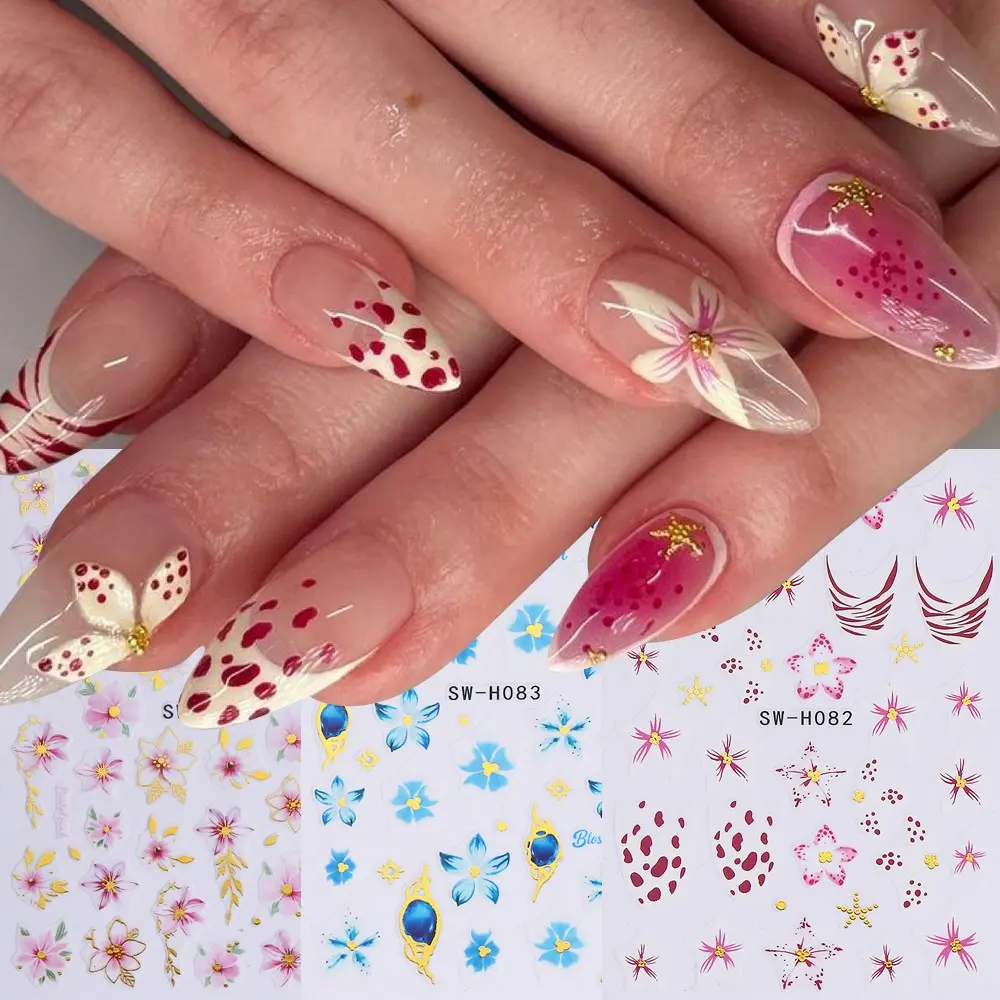 3pcs Spring Summer Lily Sakura Flower Nail Stickers, 3D Fresh Gold Edge Flowers Starfish Golden Leaf DIY Nail Decorations, Nail Art Products