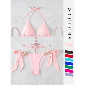 Women's Halter Tie Back Triangle Bra & Ring Linked Panty Bikini Set, Sexy Trendy Summer Swimsuit Set, Ladies Swimwear, Rave Outfits