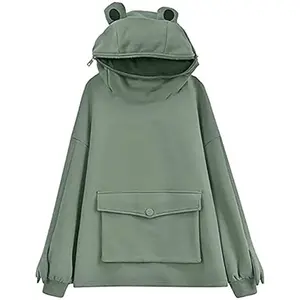 Women Frog Sweatshirt Hoodie Pullover Zipper Mouth Hooded Sweatshirt with Large Front Pocket Green Cotton Long Sleeve Womenswear Comfortable Cute Garment