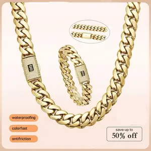 LUNA US 14K Gold-Plated Cuban Miami Style Necklace & Bracelet Combo Waterproof Rust-Proof "S" Logo Lock Perfect Gift for Any Occasion